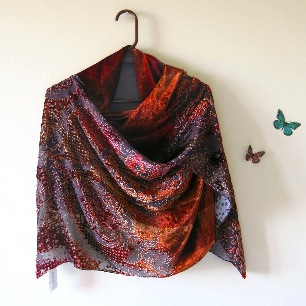 Vintage Liz Claiborne Rayon Silk Brown Copper Burnt Out Floral Ends Long Scarf